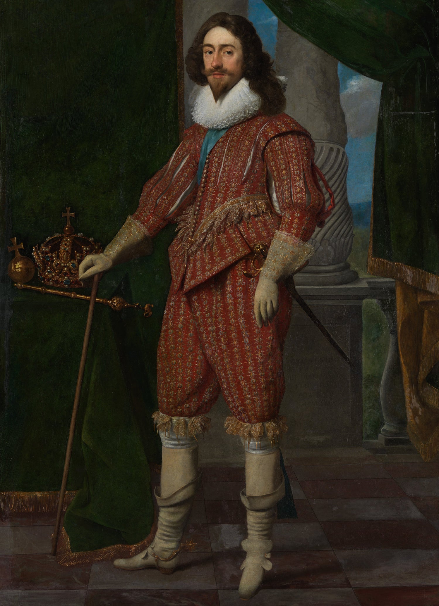 Portrait of a person in historical attire holding a crown, with a decorative background.