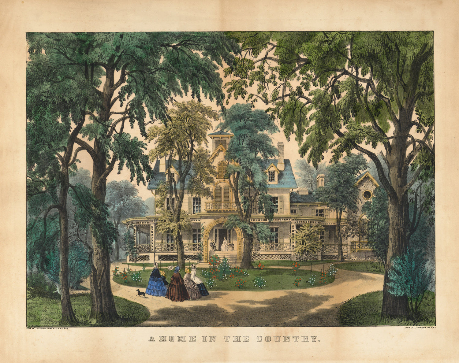 Vintage-style illustration of a large house with people sitting in the garden