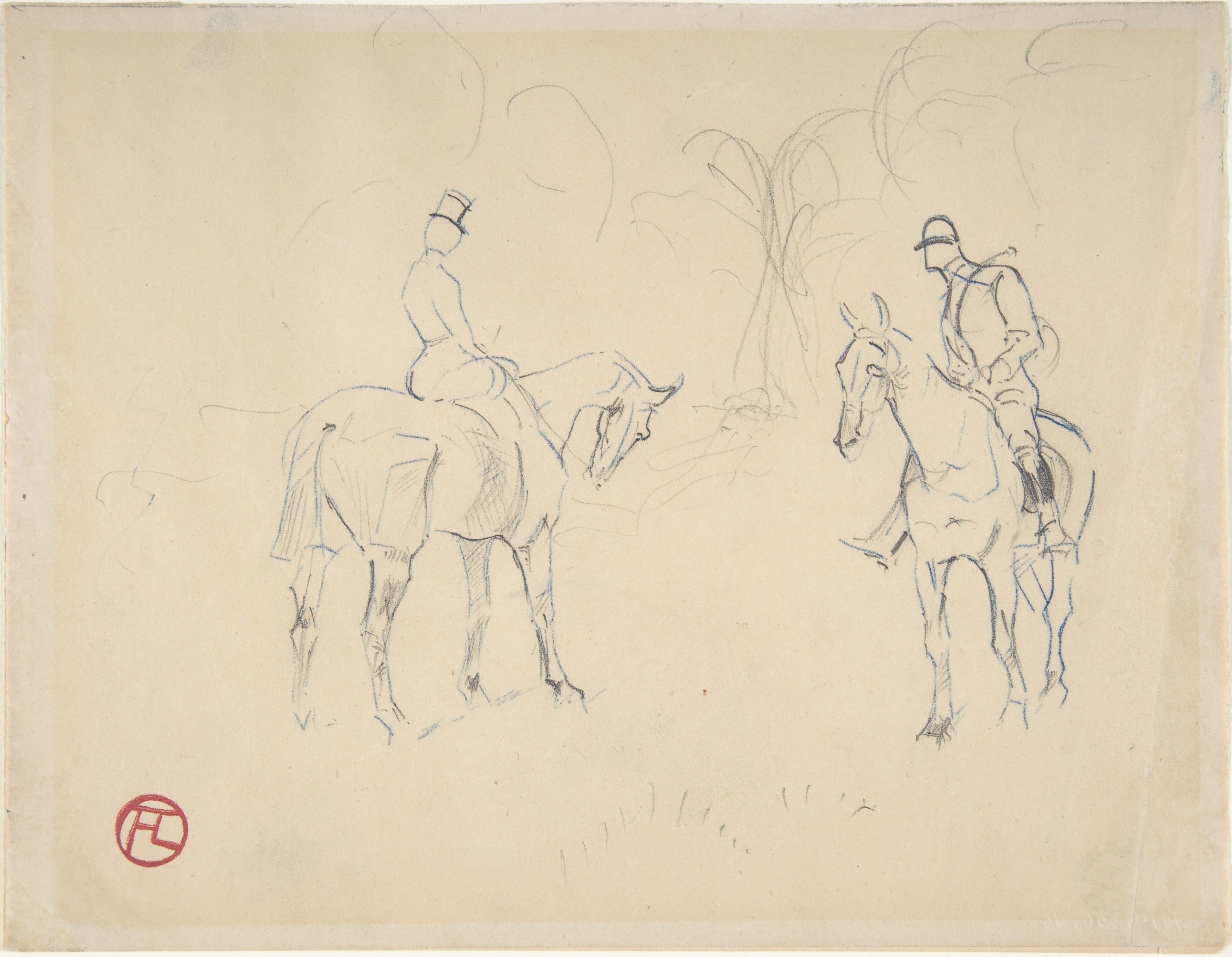 Sketch of two horseback riders on a light brown background