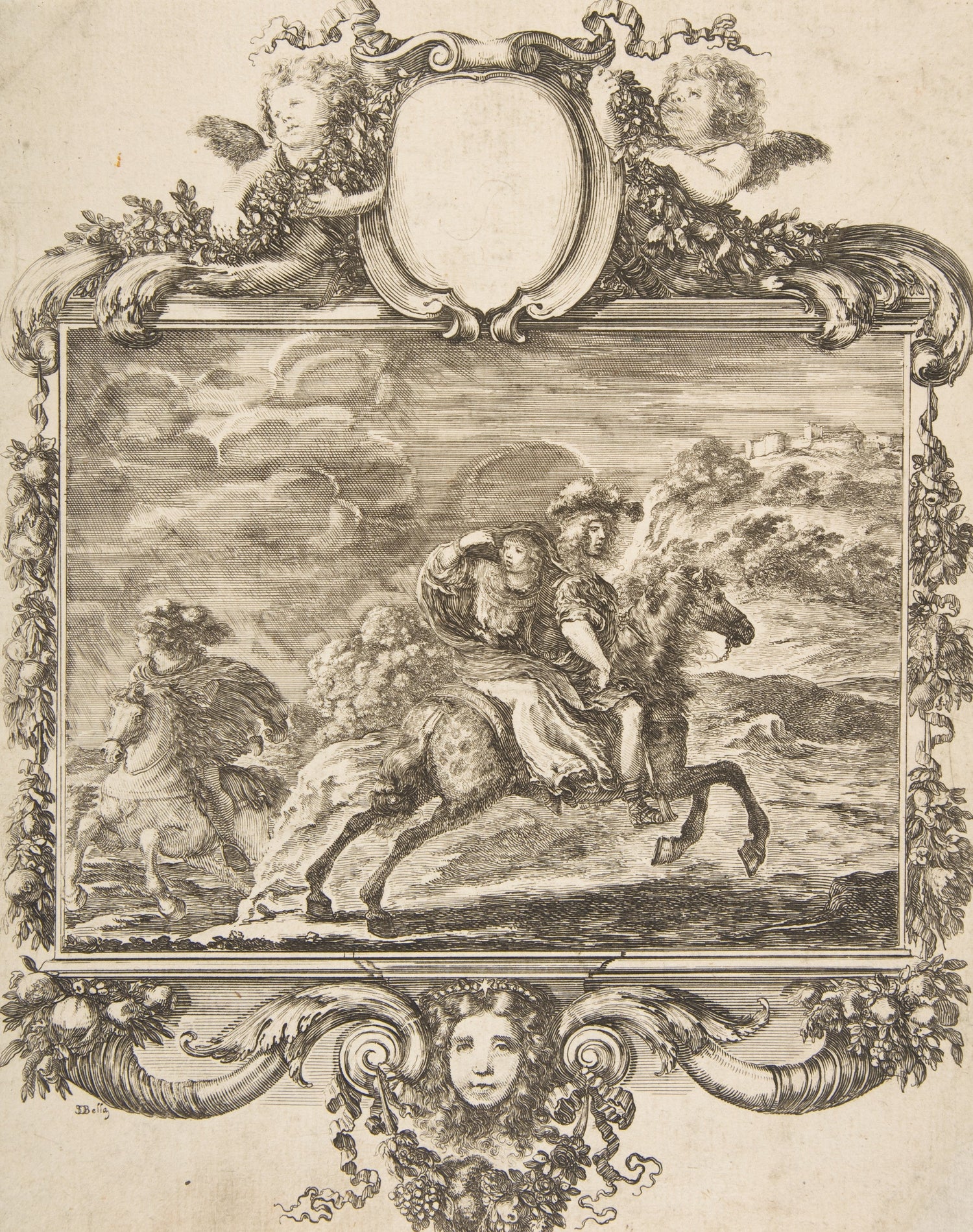 Decorative print with a scene of a person on a horse and a woman, framed by ornate elements.