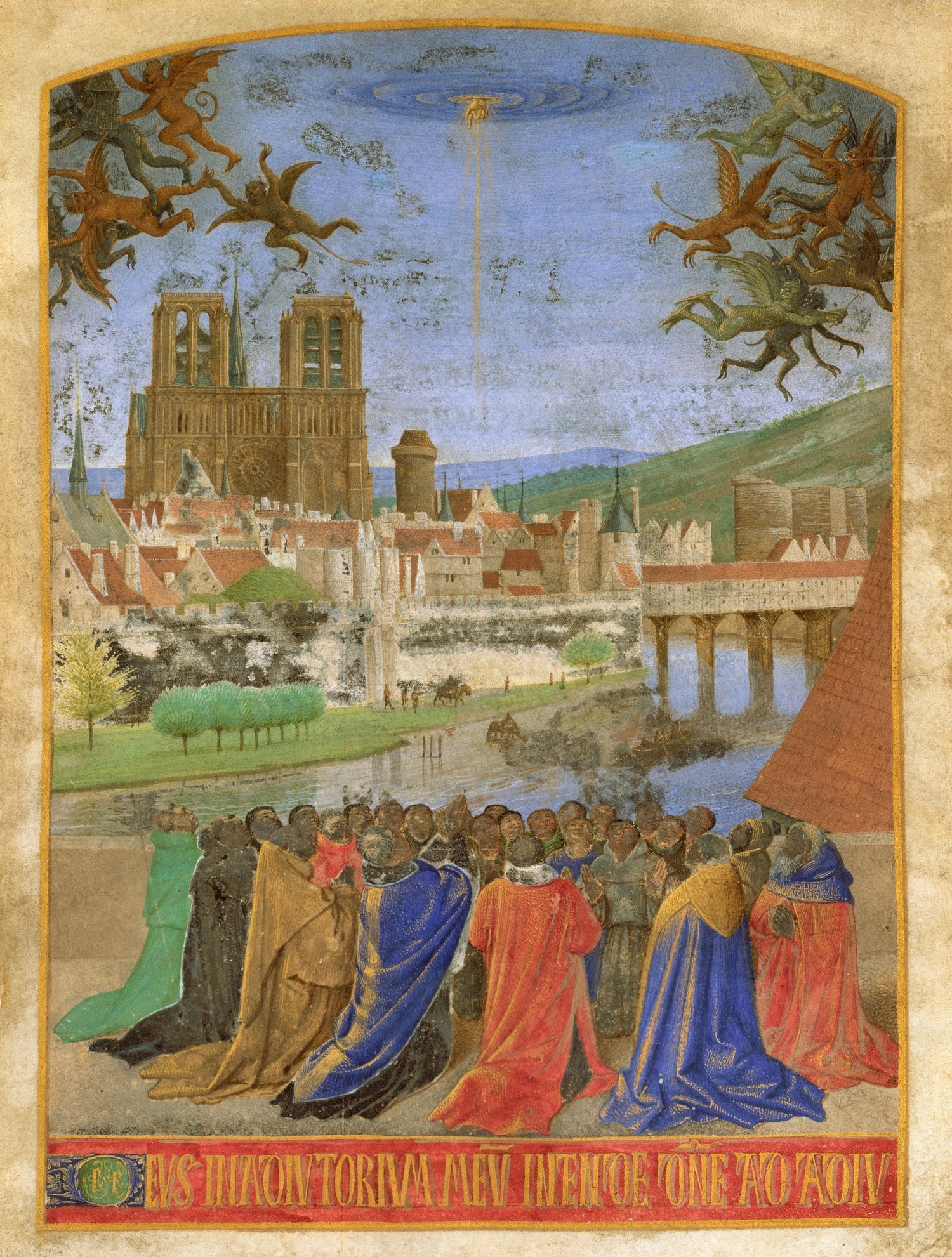 Medieval manuscript illustration of a city scene with people and architectural elements.