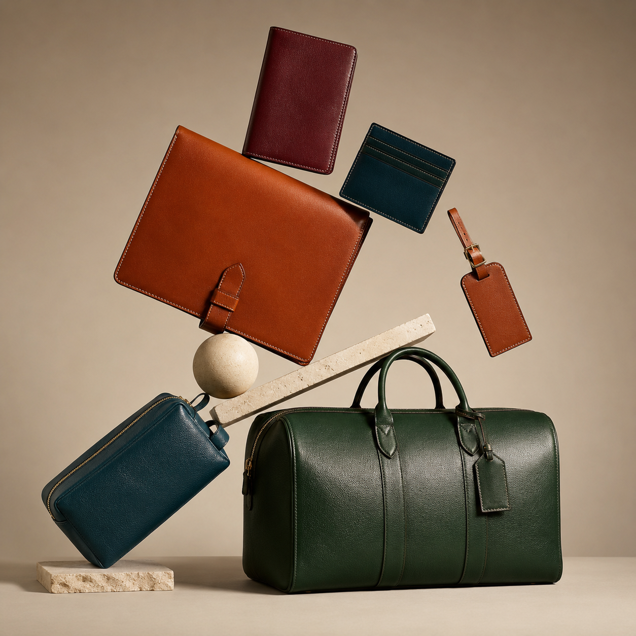 Collection of leather bags and accessories on a neutral background