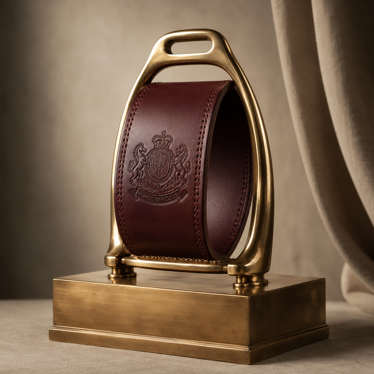 Brown leather equestrian stirrup with gold metal frame on a beige background