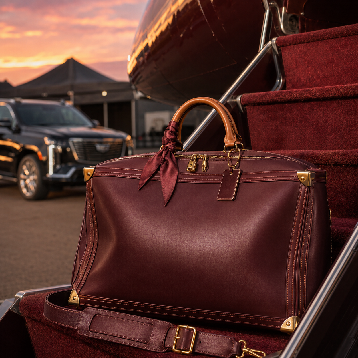 Brown leather bag with a bow in an open car trunk at sunset.